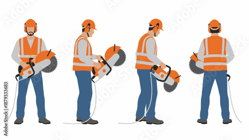 A construction worker in safety gear holding a concrete cut-off saw, shown from front, side, and back views, ready for heavy-duty cutting tasks.