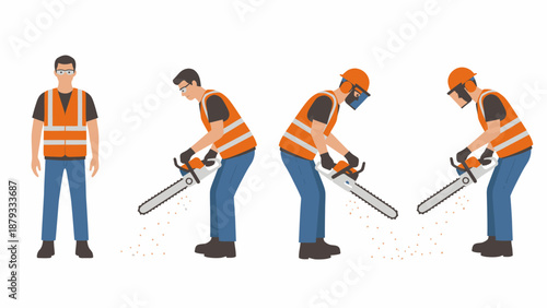 Illustrations of a man in safety gear operating a chainsaw, demonstrating proper use and protective equipment.