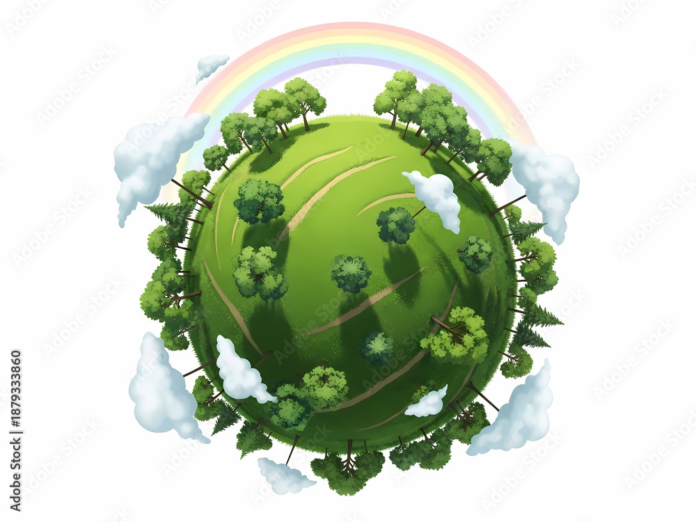 Fototapeta premium 緑豊かな地球が明るい虹の下で、希望に満ちて輝いている美しい光景