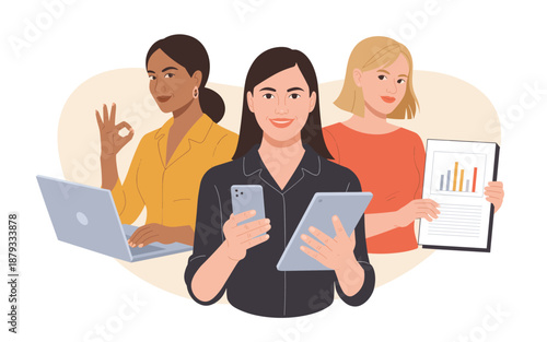 Three business professionals collaborating and analyzing data on digital devices in a modern office environment from a frontal viewpoint