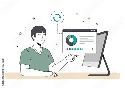Man analyzing data on a computer screen with a refresh process indication