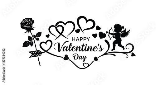 A romantic valentine s day design featuring a rose hearts cupid and decorative flourishes silhouette
