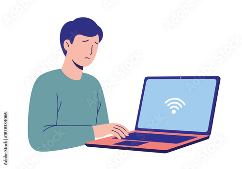 Frustrated Man Struggling with Laptop and No Wi-Fi Internet Connection