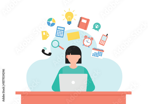 Woman working on laptop with office icons floating representing productivity planning communication ideas and digital business tasks