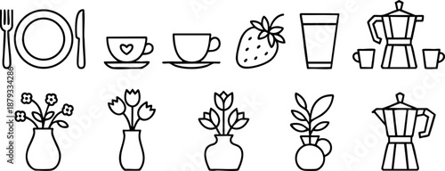 Coffee Tea Drink Line Icons Set Vector Cup Strawberry Glass Vase Flowers Kitchen Cafe Symbols