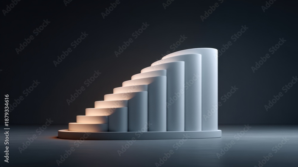 Obraz premium Modern Architectural Elements Featuring Gradually Ascending White Cylinders with Soft Lighting in a Minimalist Dark Background