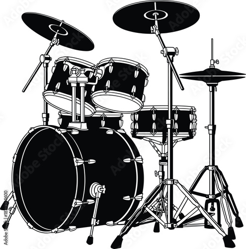 Black and white drum set illustration, acoustic percussion instrument kit with cymbals, music performance equipment, rock band rhythm concept isolated on white background