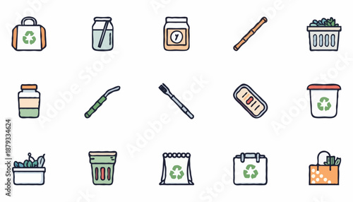 Flat vector icon set of zero‑waste grocery items, including reusable bags, bulk food jars, glass containers and eco friendly packaging. Sustainable shopping, plastic free and green lifestyle concept