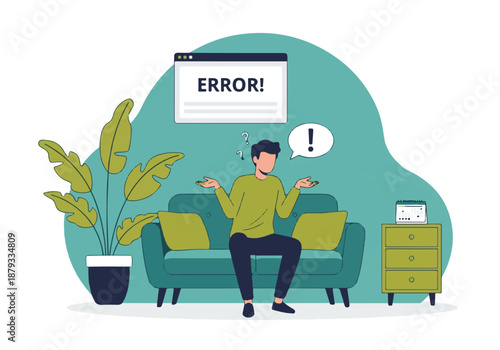 Man confused by digital error message on screen, expressing frustration