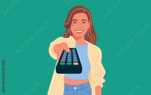 A young woman holding a shopping bag with a smile, standing against a green background, illustration, upper body view