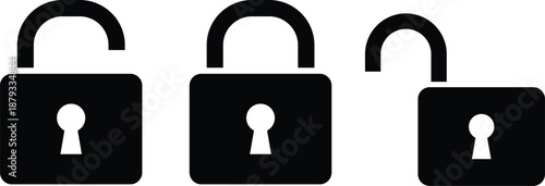 Three black padlocks with open shackles and keyholes on white background unlocked security