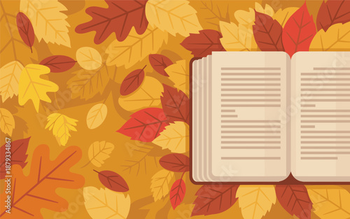 An open book lies on a vibrant autumnal background with scattered leaves viewed from directly above