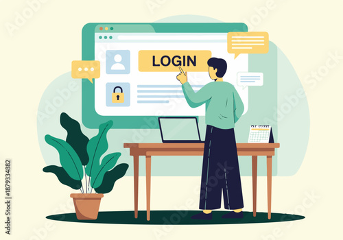 Man pointing at login button on a digital interface for online access.