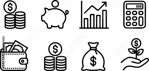 Finance Money Line Icons Set Vector Wallet Coins Piggy Bank Budget Investment Growth Calculator Symbols