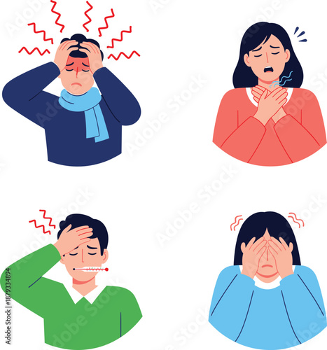 Sick people with headache fever sore throat flu symptoms and exhaustion for healthcare medical awareness illustration designs