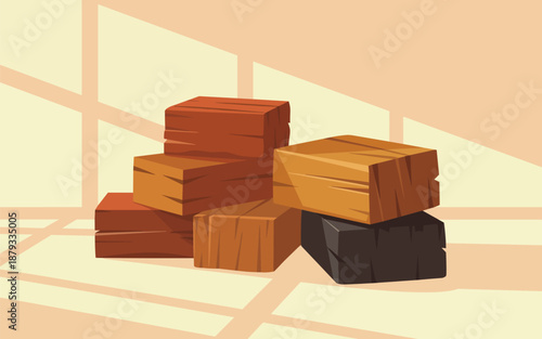 A stack of wooden crates and boxes in a well-lit room with natural light casting shadows on the floor