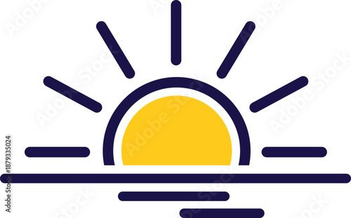 Stylized yellow sun rising over dark blue horizon lines sunrise
