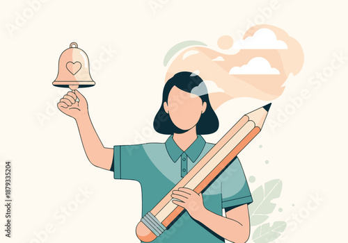 Minimalist illustration of person holding a giant pencil and notification bell
