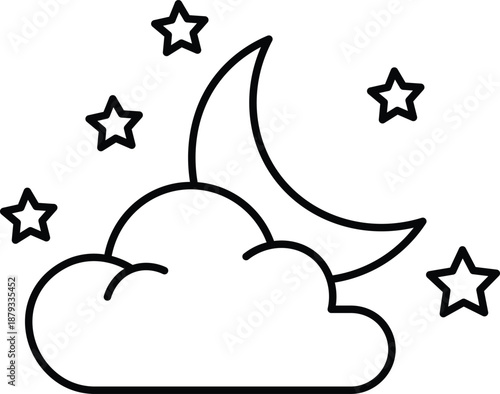 Crescent moon and stars in a cloud outline night