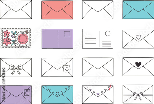 Cute envelopes and postcards with hearts stamps bows and mail designs perfect for letters stationery scrapbooking and messages