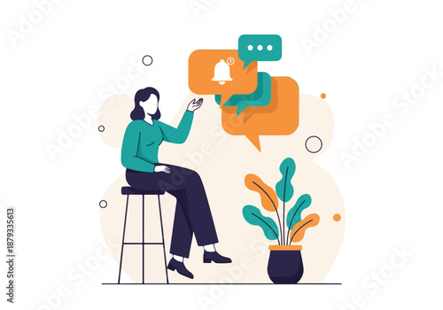 Woman interacting with social media notifications and message alerts