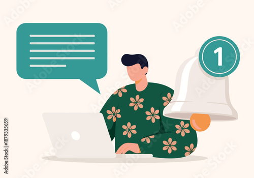 Person receiving online notifications and messages on laptop