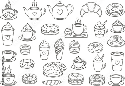 Hand drawn coffee cups donuts pastries teapots and desserts perfect for cafe menu designs bakery branding and stickers