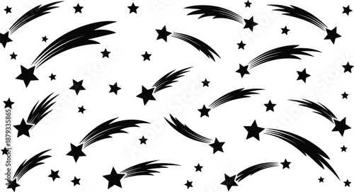 Black Falling Star Silhouette Pattern, Shooting Stars with Comet Trails, Magical Night Sky Astronomical Icons, Decorative Space Vector Illustration, Galaxy Dreamy Design Elements