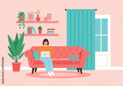 Woman working at home on laptop sitting on sofa with cat plants books and cozy living room interior illustration