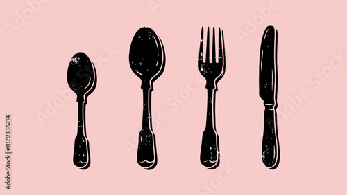 Vintage Cutlery Silhouette Vector Set – Teaspoon, Tablespoon, Fork, and Knife Icons with Distressed Texture for Kitchen Design, Menus, and Culinary Branding