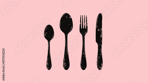 Vintage Cutlery Silhouette Vector Set – Teaspoon, Tablespoon, Fork, and Knife Icons with Distressed Texture for Kitchen Design, Menus, and Culinary Branding