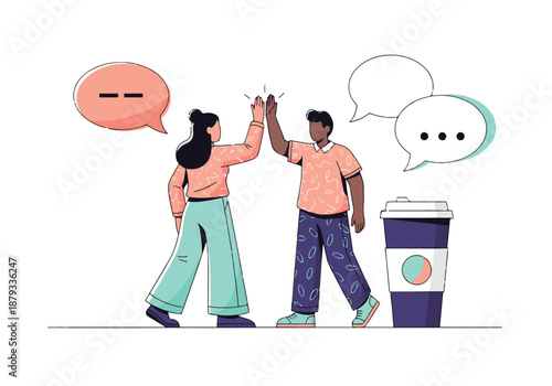 Diverse Team High Five with Speech Bubbles and Coffee Cup Illustration
