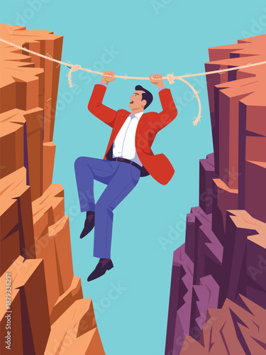 Man in red jacket climbing between cliffs with a rope, viewed from below against a clear blue sky