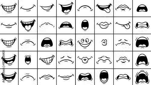 Cartoon Mouth Expression Vector Set –  Black-and-White Icons of Vocal and Emotional Reactions for Animation, Character Design, and Communication Illustration Use