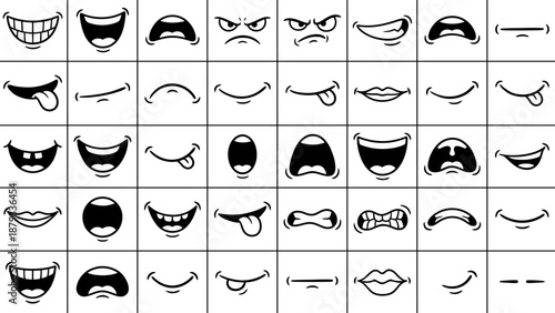 Cartoon Mouth Expression Vector Set –  Black-and-White Icons of Vocal and Emotional Reactions for Animation, Character Design, and Communication Illustration Use