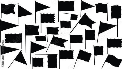 Black Flag Silhouette Collection, Set of Various Vector Pennant Shapes, Nautical Banners, Waving Map Pins and Decorative Signal Windstreamer Icons Isolated on White Background