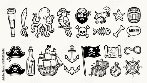 Pirate Doodle Vector Set – 24 Black-and-White Icons of Nautical Adventure, Treasure, and Characters for Education, Entertainment, and Themed Illustration Use