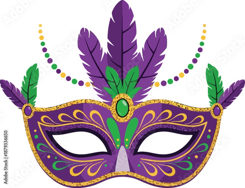 Colorful Mardi Gras Mask with Feathers and Beads