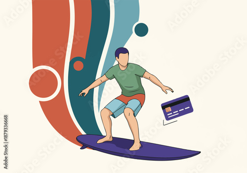 Surfer with credit card, symbolizing online payment for modern leisure