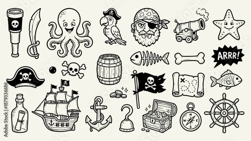 Pirate Doodle Vector Set – 24 Black-and-White Icons of Nautical Adventure, Treasure, and Characters for Education, Entertainment, and Themed Illustration Use
