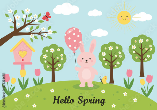 Cute spring landscape with bunny balloon flowers blooming trees sunshine birdhouse butterflies and greeting message for seasonal design