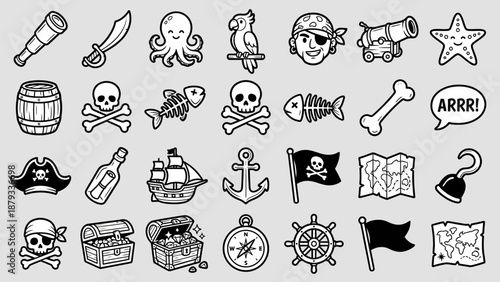 Pirate Doodle Vector Set – 24 Black-and-White Icons of Nautical Adventure, Treasure, and Characters for Education, Entertainment, and Themed Illustration Use