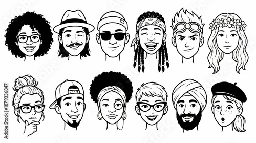 Cartoon Human Face Vector Set – 12 Black-and-White Icons of Diverse Hairstyles, Accessories, and Expressions for Character Design, Avatar Creation, and Storytelling Use