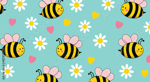 Cute seamless bee pattern with daisies hearts and smiling honey bees perfect for spring fabric kids designs and decor