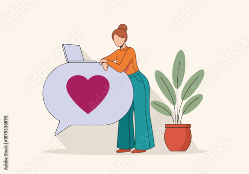 Woman with laptop leaning on a chat bubble with heart, online communication