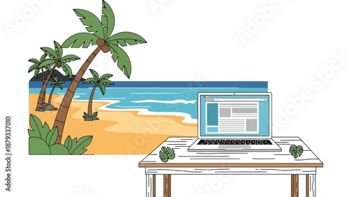 Vector illustration of a digital nomad workspace featuring a laptop on a wooden desk with a stunning tropical beach, palm trees, and ocean waves background.