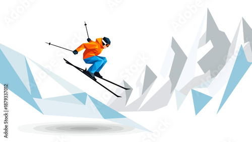 Low Poly Geometric Skier Jumping in Snowy Mountains Illustration, High Speed Winter Sports Action Scene, Minimalist Vector Art with Vibrant Orange and Blue Color