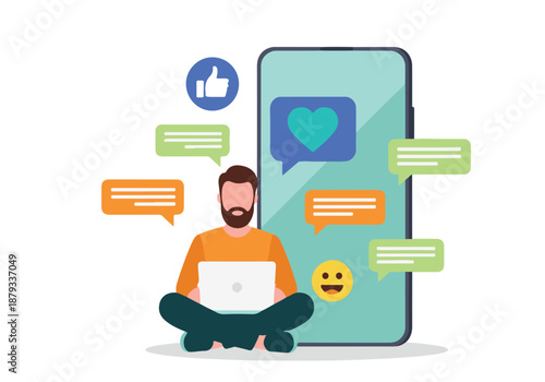 Young man engaging in online communication and social media on digital devices