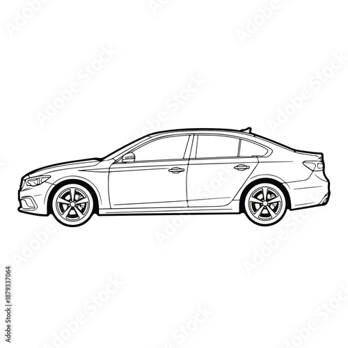 Side view of a four door sedan car in line art style