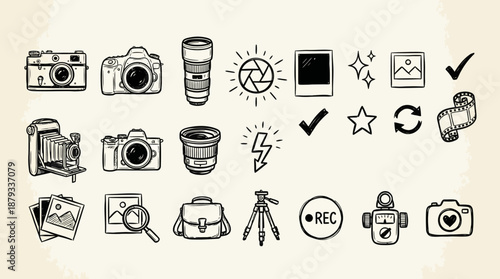 Photography & Visual Media Vector Set – 30 Hand-Drawn Vintage Icons of Cameras, Editing Tools, and Optics for Creative Branding and Educational Use
